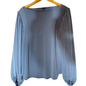 Ann Taylor Steel Blue Smocked Shoulder Boatneck Long Sleeve Top Size Medium